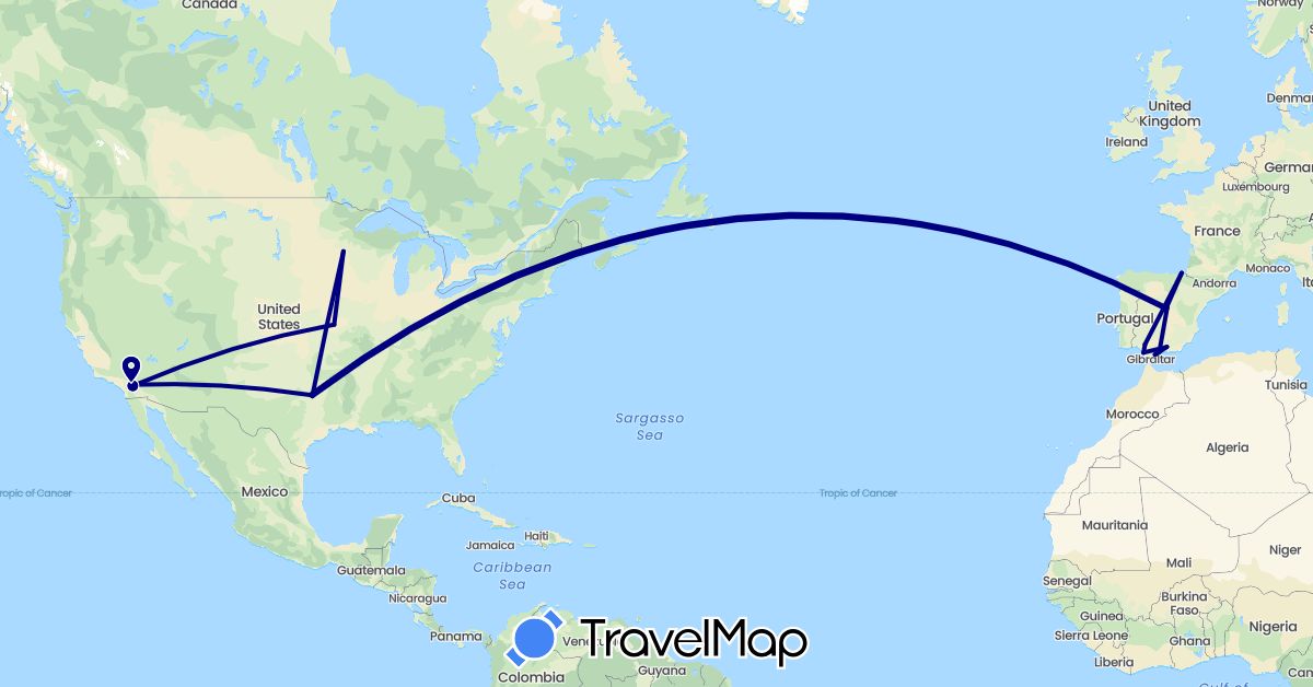 TravelMap itinerary: driving in Spain, United States (Europe, North America)